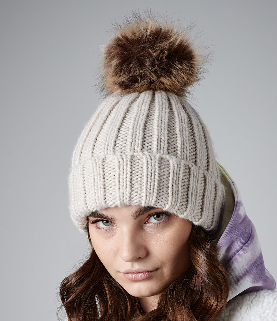 Beechfield Faux Fur Pop Pom Chunky Beanie