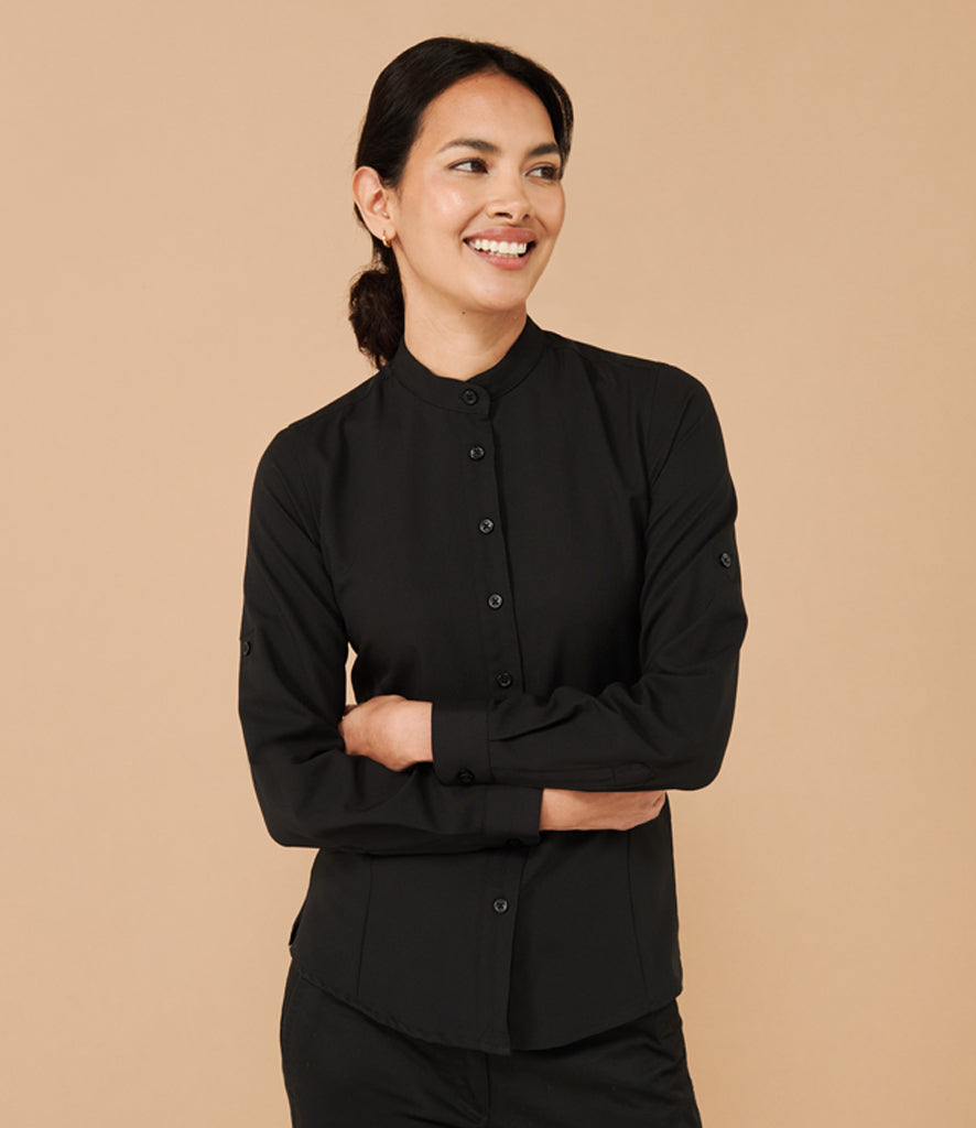 Henbury Ladies Mandarin Roll Sleeve Anti-Bac Wicking Shirt | Black